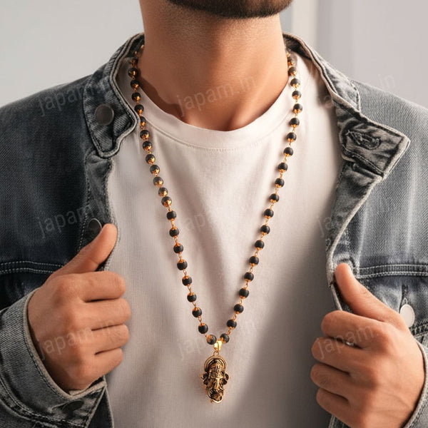 Gold Plated Karungali Necklace with Lord Ganesha Pendant