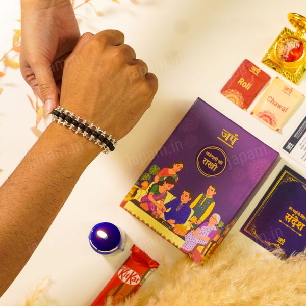 Silver Plated Modern Karungali Ki Rakhi - Complete Rakhi Hamper