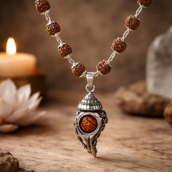 Silver Plated Shiv Shankh Rudraksha Mala