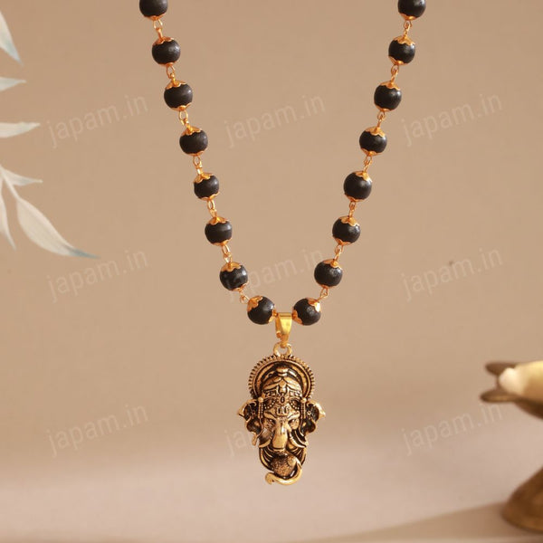 Gold Plated Karungali Necklace with Lord Ganesha Pendant